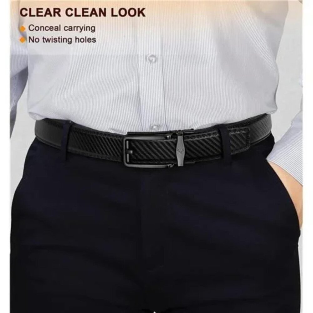 MEN Belt, Ratchet Click Sliding Genuine Leather Black - Picture 3 of 7